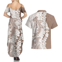 Polynesian Beige Plumeria Lei Couples Matching Summer Maxi Dress and Hawaiian Shirt with Hammerhead Shark LT7 - Polynesian Pride