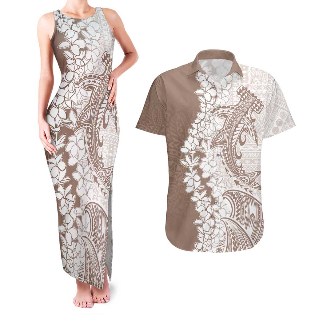 Polynesian Beige Plumeria Lei Couples Matching Tank Maxi Dress and Hawaiian Shirt with Hammerhead Shark LT7 Beige - Polynesian Pride