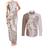Polynesian Beige Plumeria Lei Couples Matching Tank Maxi Dress and Long Sleeve Button Shirt with Hammerhead Shark LT7 Beige - Polynesian Pride