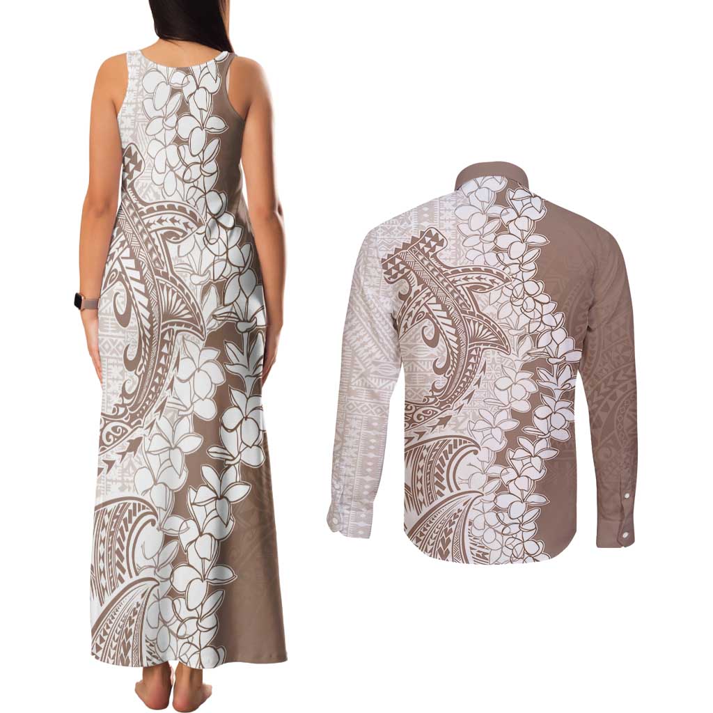 Polynesian Beige Plumeria Lei Couples Matching Tank Maxi Dress and Long Sleeve Button Shirt with Hammerhead Shark LT7 - Polynesian Pride