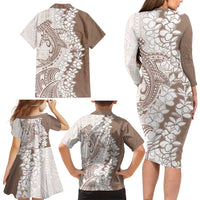 Polynesian Beige Plumeria Lei Family Matching Long Sleeve Bodycon Dress and Hawaiian Shirt with Hammerhead Shark LT7 - Polynesian Pride