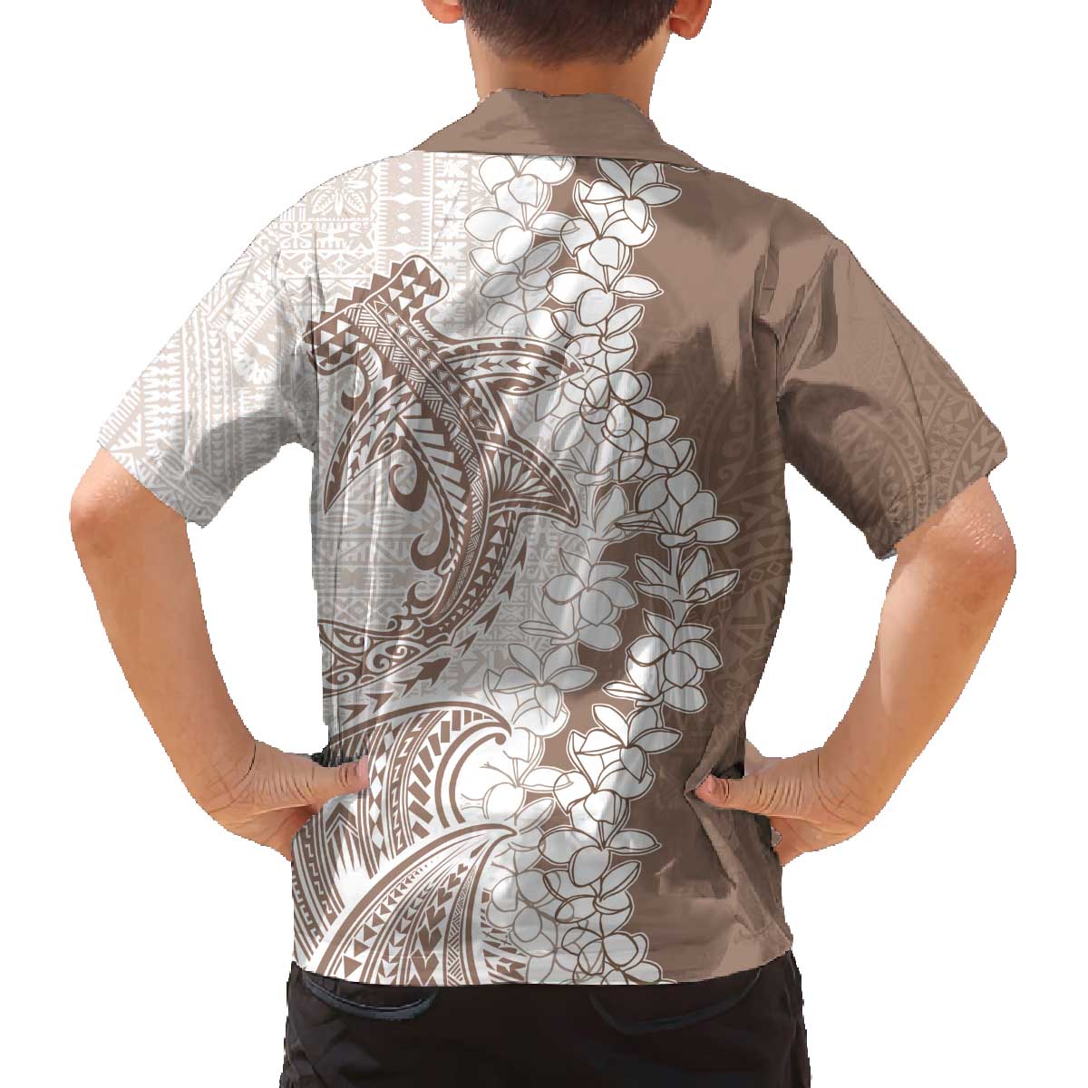 Polynesian Beige Plumeria Lei Family Matching Off The Shoulder Long Sleeve Dress and Hawaiian Shirt with Hammerhead Shark LT7 - Polynesian Pride