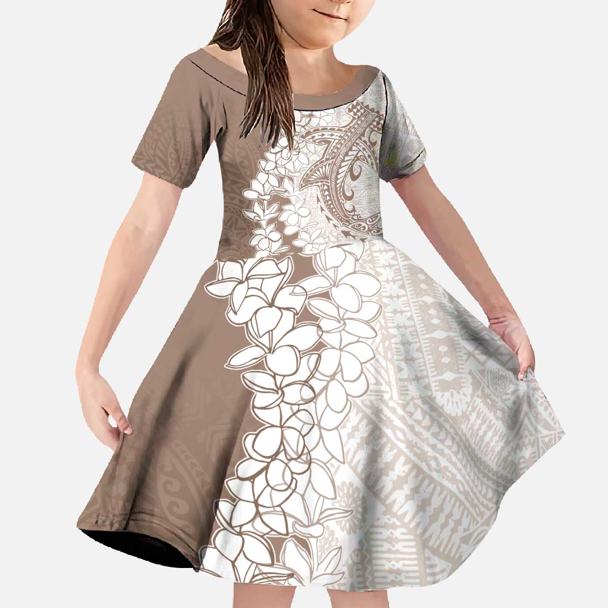 Polynesian Beige Plumeria Lei Family Matching Off The Shoulder Long Sleeve Dress and Hawaiian Shirt with Hammerhead Shark LT7 Daughter's Dress Beige - Polynesian Pride