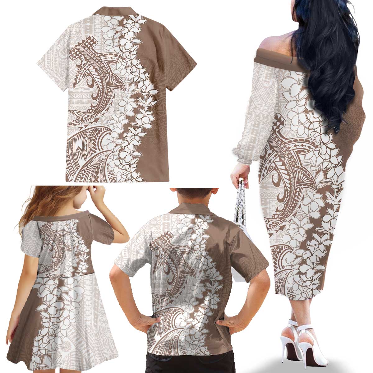 Polynesian Beige Plumeria Lei Family Matching Off The Shoulder Long Sleeve Dress and Hawaiian Shirt with Hammerhead Shark LT7 - Polynesian Pride