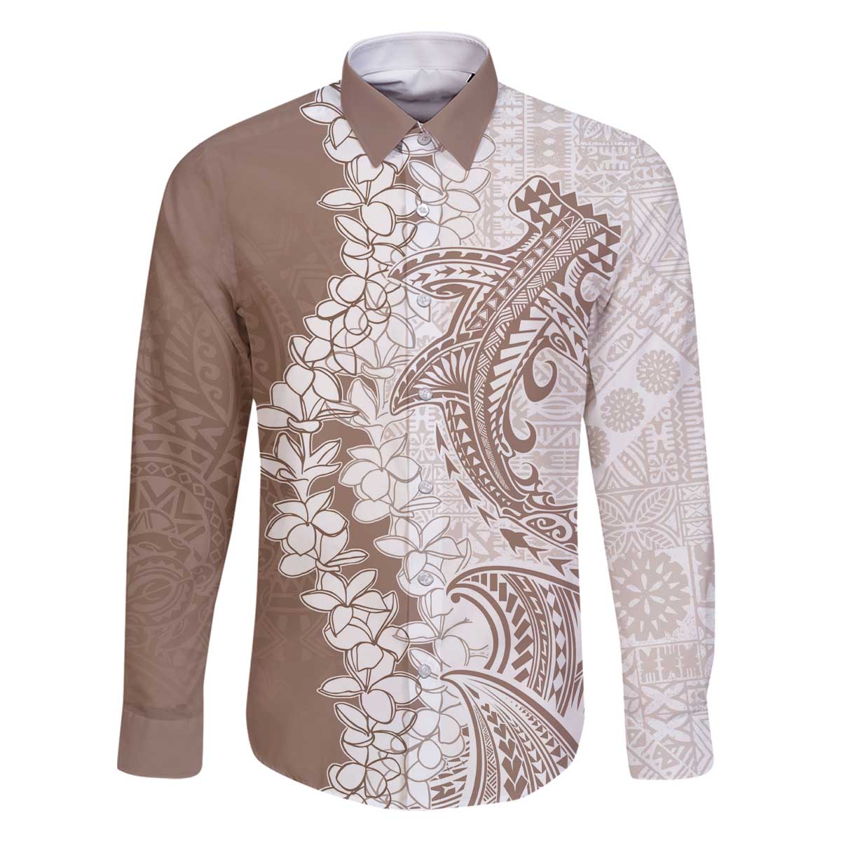 Polynesian Beige Plumeria Lei Family Matching Off The Shoulder Long Sleeve Dress and Hawaiian Shirt with Hammerhead Shark LT7 Dad's Shirt - Long Sleeve Beige - Polynesian Pride