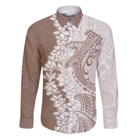 Polynesian Beige Plumeria Lei Family Matching Off The Shoulder Long Sleeve Dress and Hawaiian Shirt with Hammerhead Shark LT7 Dad's Shirt - Long Sleeve Beige - Polynesian Pride