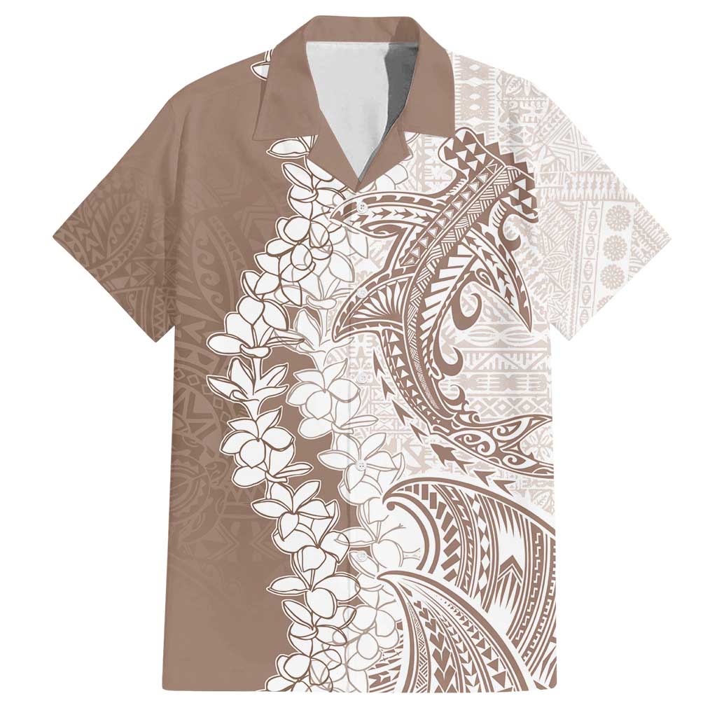 Polynesian Beige Plumeria Lei Family Matching Off Shoulder Maxi Dress and Hawaiian Shirt with Hammerhead Shark LT7 Dad's Shirt - Short Sleeve Beige - Polynesian Pride