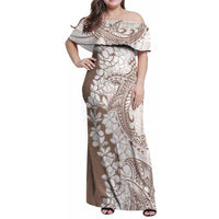 Polynesian Beige Plumeria Lei Family Matching Off Shoulder Maxi Dress and Hawaiian Shirt with Hammerhead Shark LT7 Mom's Dress Beige - Polynesian Pride