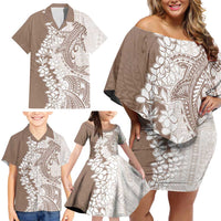 Polynesian Beige Plumeria Lei Family Matching Off Shoulder Short Dress and Hawaiian Shirt with Hammerhead Shark LT7 - Polynesian Pride