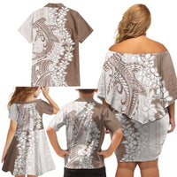 Polynesian Beige Plumeria Lei Family Matching Off Shoulder Short Dress and Hawaiian Shirt with Hammerhead Shark LT7 - Polynesian Pride