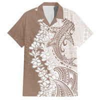 Polynesian Beige Plumeria Lei Family Matching Off Shoulder Short Dress and Hawaiian Shirt with Hammerhead Shark LT7 Dad's Shirt - Short Sleeve Beige - Polynesian Pride