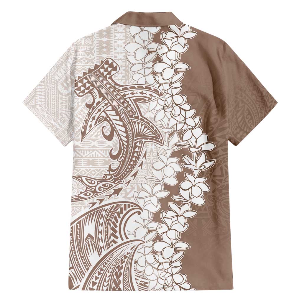 Polynesian Beige Plumeria Lei Family Matching Off Shoulder Short Dress and Hawaiian Shirt with Hammerhead Shark LT7 - Polynesian Pride