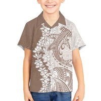 Polynesian Beige Plumeria Lei Family Matching Off Shoulder Short Dress and Hawaiian Shirt with Hammerhead Shark LT7 Son's Shirt Beige - Polynesian Pride