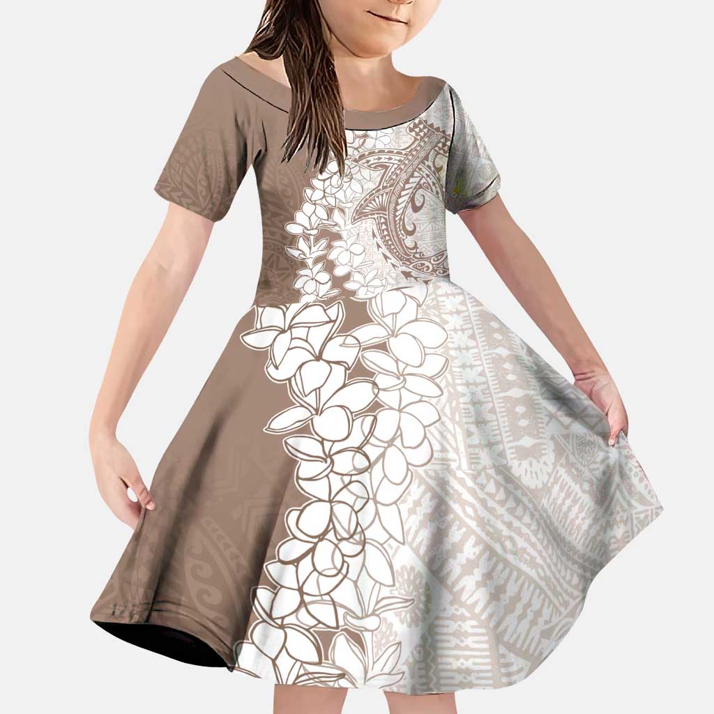 Polynesian Beige Plumeria Lei Family Matching Puletasi and Hawaiian Shirt with Hammerhead Shark LT7 Daughter's Dress Beige - Polynesian Pride