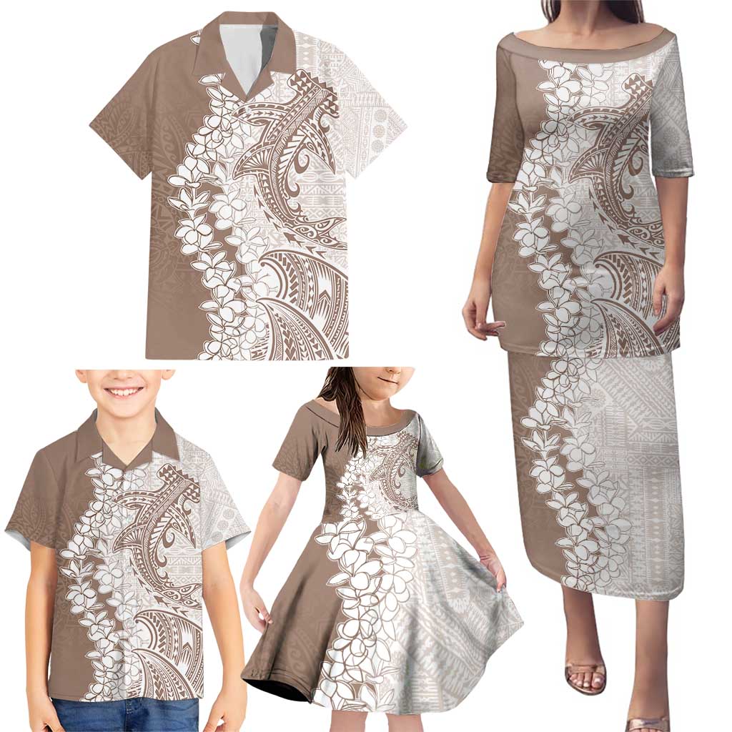 Polynesian Beige Plumeria Lei Family Matching Puletasi and Hawaiian Shirt with Hammerhead Shark LT7 - Polynesian Pride
