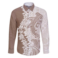 Polynesian Beige Plumeria Lei Family Matching Puletasi and Hawaiian Shirt with Hammerhead Shark LT7 Dad's Shirt - Long Sleeve Beige - Polynesian Pride