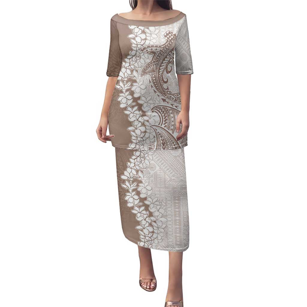 Polynesian Beige Plumeria Lei Family Matching Puletasi and Hawaiian Shirt with Hammerhead Shark LT7 Mom's Dress Beige - Polynesian Pride