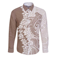 Polynesian Beige Plumeria Lei Family Matching Short Sleeve Bodycon Dress and Hawaiian Shirt with Hammerhead Shark LT7 Dad's Shirt - Long Sleeve Beige - Polynesian Pride