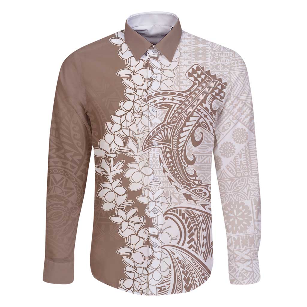 Polynesian Beige Plumeria Lei Family Matching Summer Maxi Dress and Hawaiian Shirt with Hammerhead Shark LT7 Dad's Shirt - Long Sleeve Beige - Polynesian Pride
