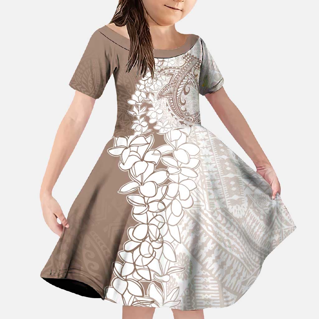 Polynesian Beige Plumeria Lei Family Matching Tank Maxi Dress and Hawaiian Shirt with Hammerhead Shark LT7 Daughter's Dress Beige - Polynesian Pride