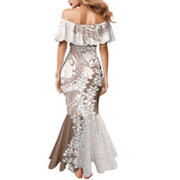 Polynesian Beige Plumeria Lei Mermaid Dress with Hammerhead Shark