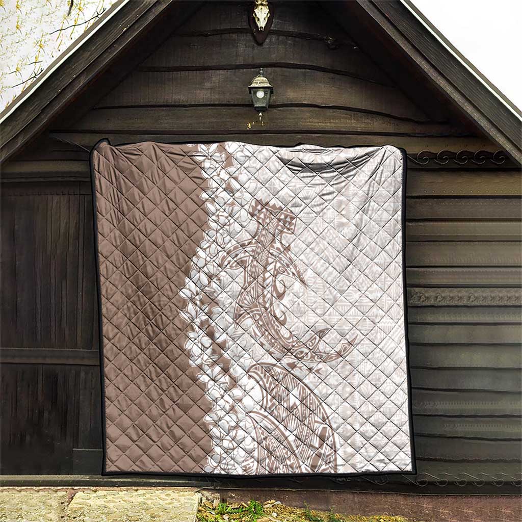 Polynesian Beige Plumeria Lei Quilt with Hammerhead Shark