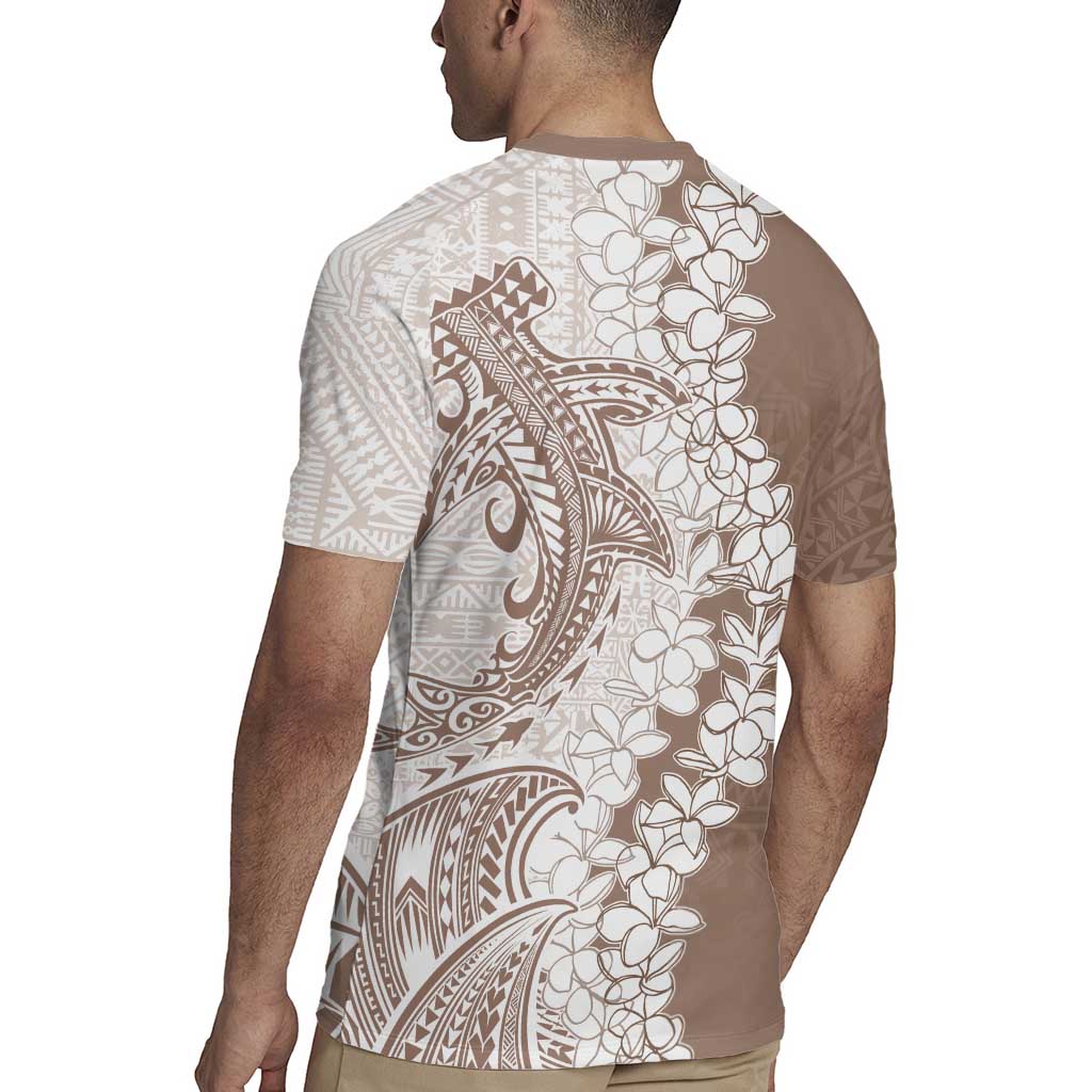 Polynesian Beige Plumeria Lei Rugby Jersey with Hammerhead Shark