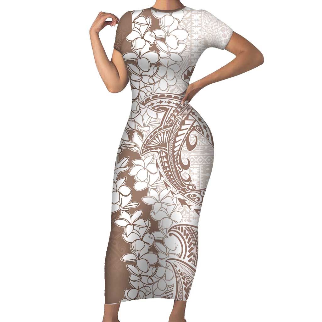 Polynesian Beige Plumeria Lei Short Sleeve Bodycon Dress with Hammerhead Shark LT7 Long Dress Beige - Polynesian Pride