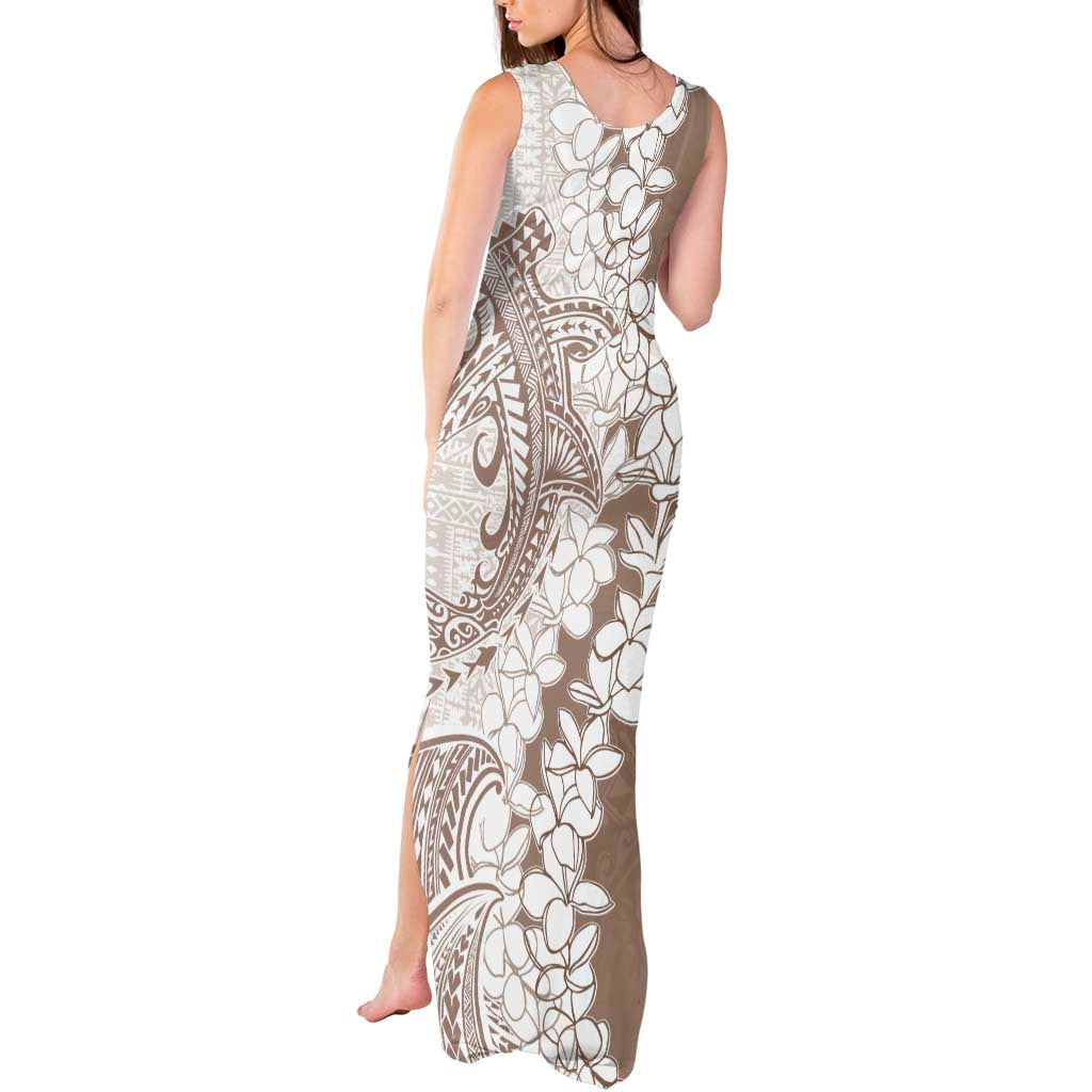 Polynesian Beige Plumeria Lei Tank Maxi Dress with Hammerhead Shark
