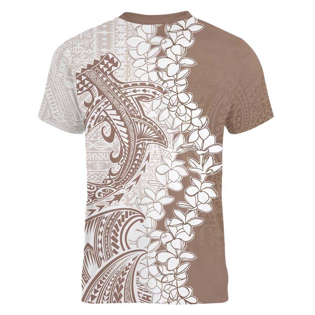 Polynesian Beige Plumeria Lei Women V-Neck T-Shirt with Hammerhead Shark