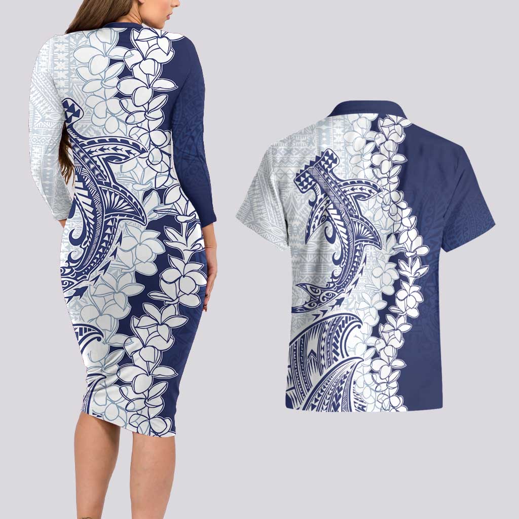 Polynesian Navy Blue Plumeria Lei Couples Matching Long Sleeve Bodycon Dress and Hawaiian Shirt with Hammerhead Shark LT7 - Polynesian Pride