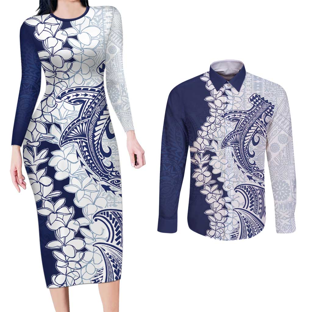 Polynesian Navy Blue Plumeria Lei Couples Matching Long Sleeve Bodycon Dress and Long Sleeve Button Shirt with Hammerhead Shark LT7 Navy Blue - Polynesian Pride