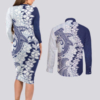 Polynesian Navy Blue Plumeria Lei Couples Matching Long Sleeve Bodycon Dress and Long Sleeve Button Shirt with Hammerhead Shark LT7 - Polynesian Pride