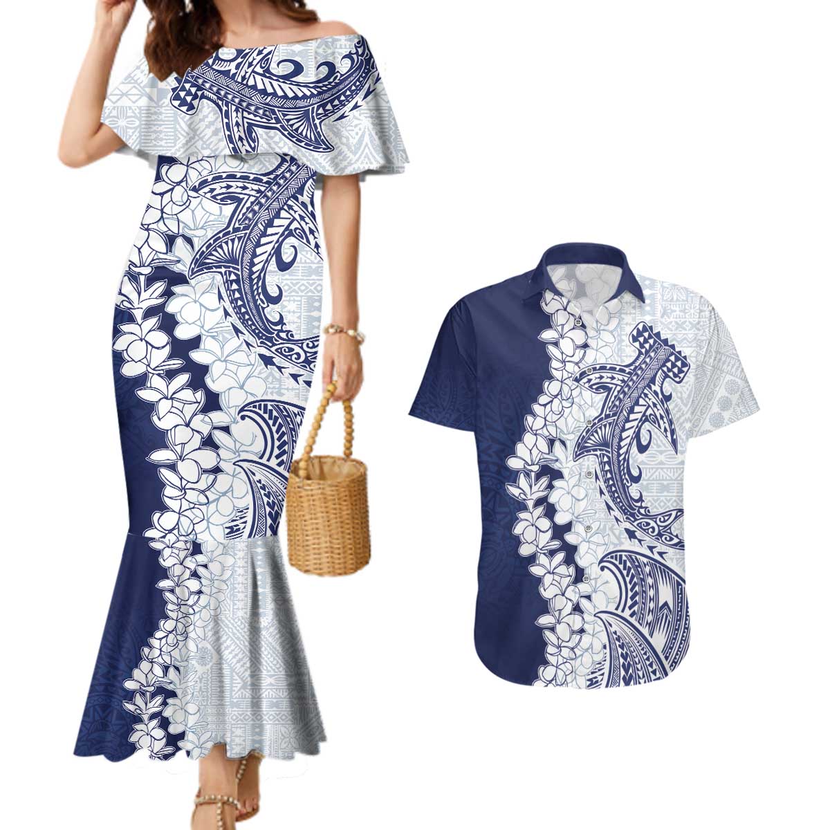 Polynesian Navy Blue Plumeria Lei Couples Matching Mermaid Dress and Hawaiian Shirt with Hammerhead Shark LT7 Navy Blue - Polynesian Pride