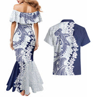 Polynesian Navy Blue Plumeria Lei Couples Matching Mermaid Dress and Hawaiian Shirt with Hammerhead Shark LT7 - Polynesian Pride