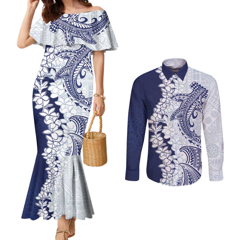 Polynesian Navy Blue Plumeria Lei Couples Matching Mermaid Dress and Long Sleeve Button Shirt with Hammerhead Shark LT7 Navy Blue - Polynesian Pride