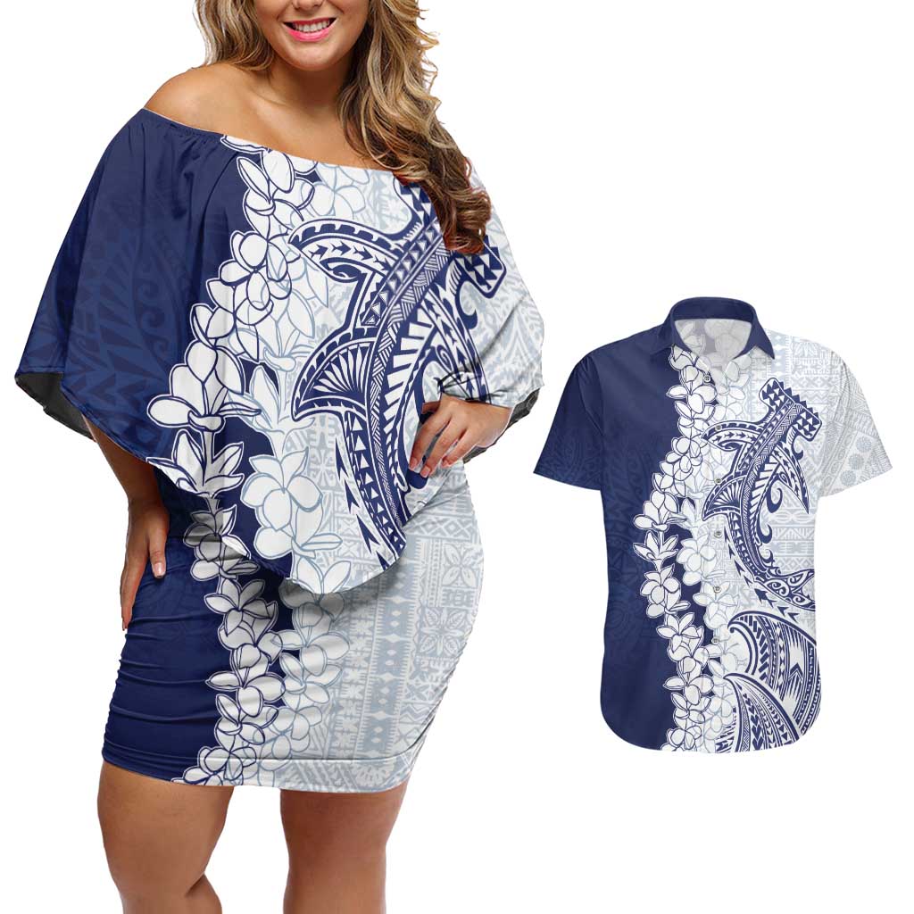 Polynesian Navy Blue Plumeria Lei Couples Matching Off Shoulder Short Dress and Hawaiian Shirt with Hammerhead Shark LT7 Navy Blue - Polynesian Pride