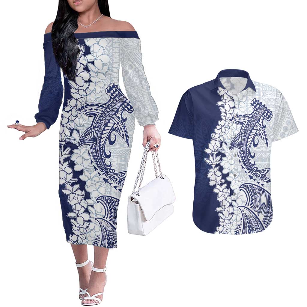Polynesian Navy Blue Plumeria Lei Couples Matching Off The Shoulder Long Sleeve Dress and Hawaiian Shirt with Hammerhead Shark LT7 Navy Blue - Polynesian Pride