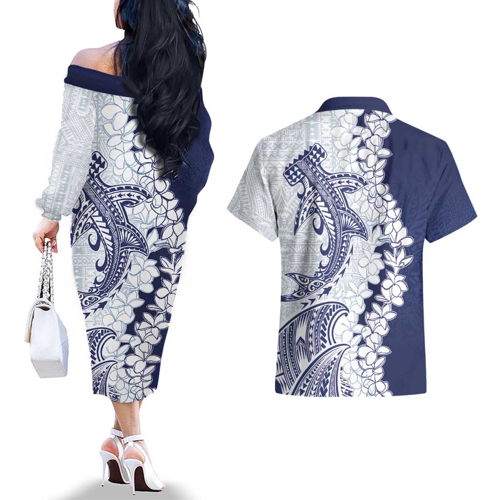 Polynesian Navy Blue Plumeria Lei Couples Matching Off The Shoulder Long Sleeve Dress and Hawaiian Shirt with Hammerhead Shark LT7 - Polynesian Pride