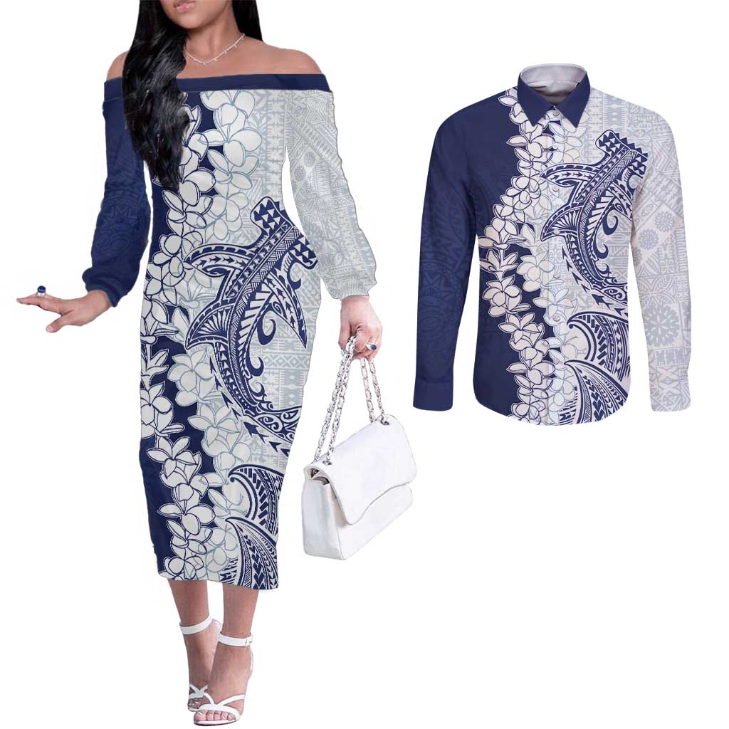 Polynesian Navy Blue Plumeria Lei Couples Matching Off The Shoulder Long Sleeve Dress and Long Sleeve Button Shirt with Hammerhead Shark LT7 Navy Blue - Polynesian Pride