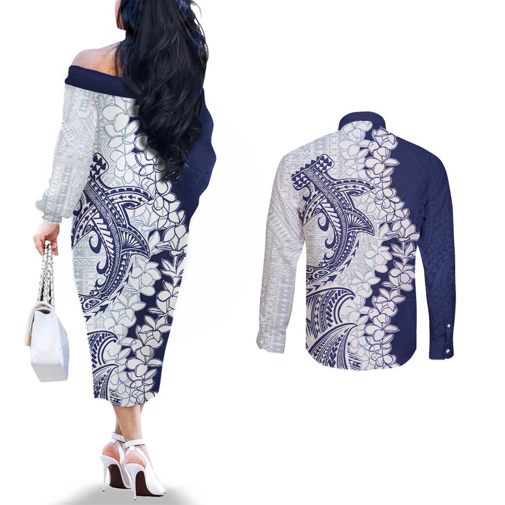 Polynesian Navy Blue Plumeria Lei Couples Matching Off The Shoulder Long Sleeve Dress and Long Sleeve Button Shirt with Hammerhead Shark LT7 - Polynesian Pride