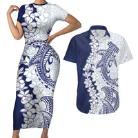 Polynesian Navy Blue Plumeria Lei Couples Matching Short Sleeve Bodycon Dress and Hawaiian Shirt with Hammerhead Shark LT7 Navy Blue - Polynesian Pride