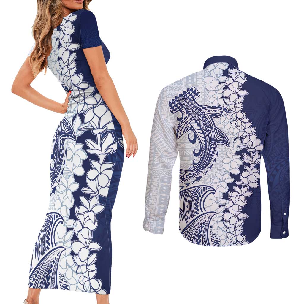 Polynesian Navy Blue Plumeria Lei Couples Matching Short Sleeve Bodycon Dress and Long Sleeve Button Shirt with Hammerhead Shark LT7 - Polynesian Pride
