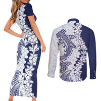 Polynesian Navy Blue Plumeria Lei Couples Matching Short Sleeve Bodycon Dress and Long Sleeve Button Shirt with Hammerhead Shark LT7 - Polynesian Pride