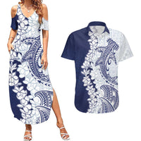 Polynesian Navy Blue Plumeria Lei Couples Matching Summer Maxi Dress and Hawaiian Shirt with Hammerhead Shark LT7 Navy Blue - Polynesian Pride