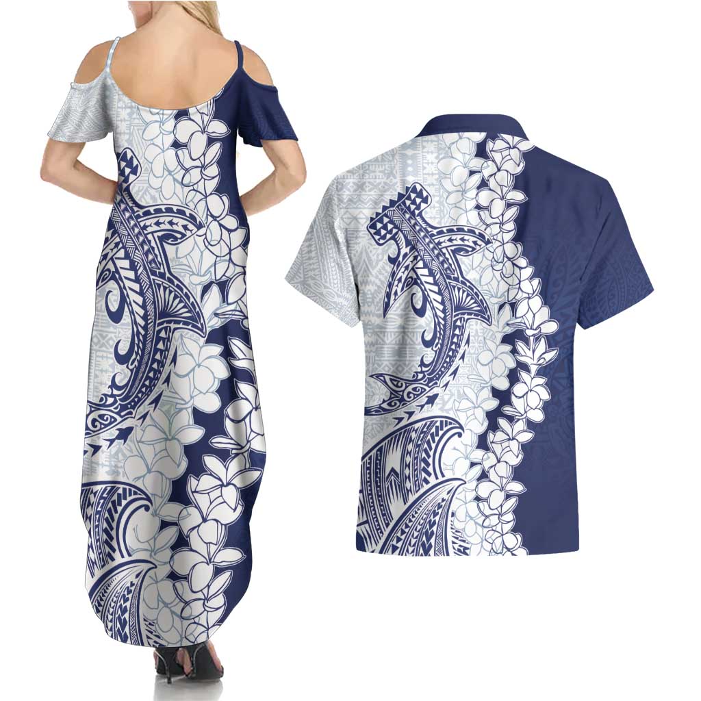 Polynesian Navy Blue Plumeria Lei Couples Matching Summer Maxi Dress and Hawaiian Shirt with Hammerhead Shark LT7 - Polynesian Pride