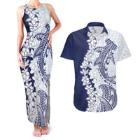 Polynesian Navy Blue Plumeria Lei Couples Matching Tank Maxi Dress and Hawaiian Shirt with Hammerhead Shark LT7 Navy Blue - Polynesian Pride