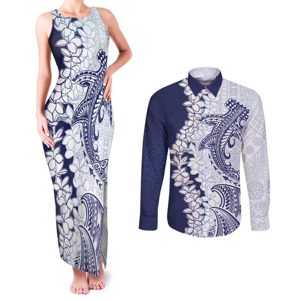 Polynesian Navy Blue Plumeria Lei Couples Matching Tank Maxi Dress and Long Sleeve Button Shirt with Hammerhead Shark LT7 Navy Blue - Polynesian Pride
