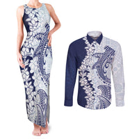 Polynesian Navy Blue Plumeria Lei Couples Matching Tank Maxi Dress and Long Sleeve Button Shirt with Hammerhead Shark LT7 Navy Blue - Polynesian Pride