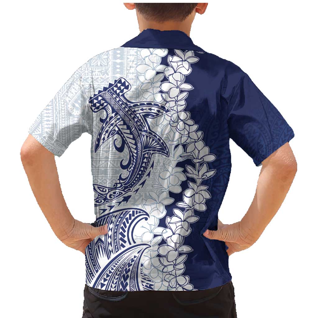 Polynesian Navy Blue Plumeria Lei Family Matching Mermaid Dress and Hawaiian Shirt with Hammerhead Shark LT7 - Polynesian Pride